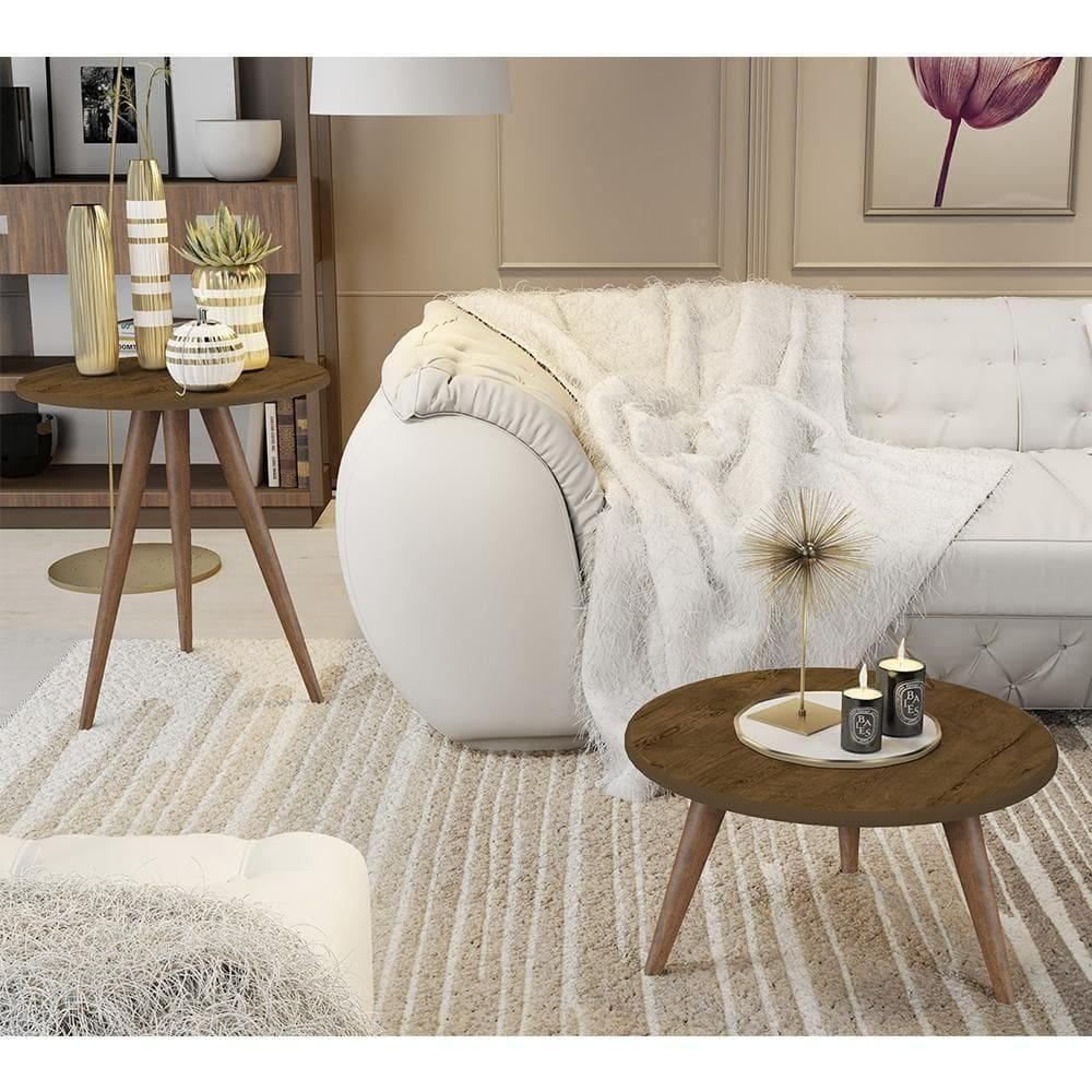 Conjunto 2 Mesas Retrô Natália - Pés Palito Lateral Apoio Mdf Mdp Madeirado - J3 Móveis