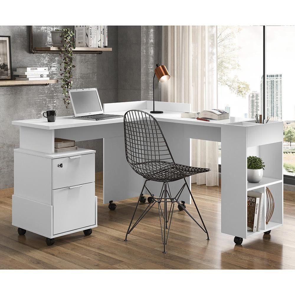 Conjunto Office Alessa - Mdf Rodízios Puxadores Cromados Branco - Lukaliam Móveis