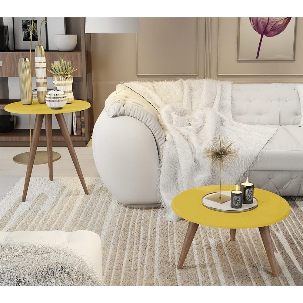 Conjunto 2 Mesas Retrô Natália - Pés Palito Lateral Apoio Mdf Mdp Amarelo - J3 Móveis