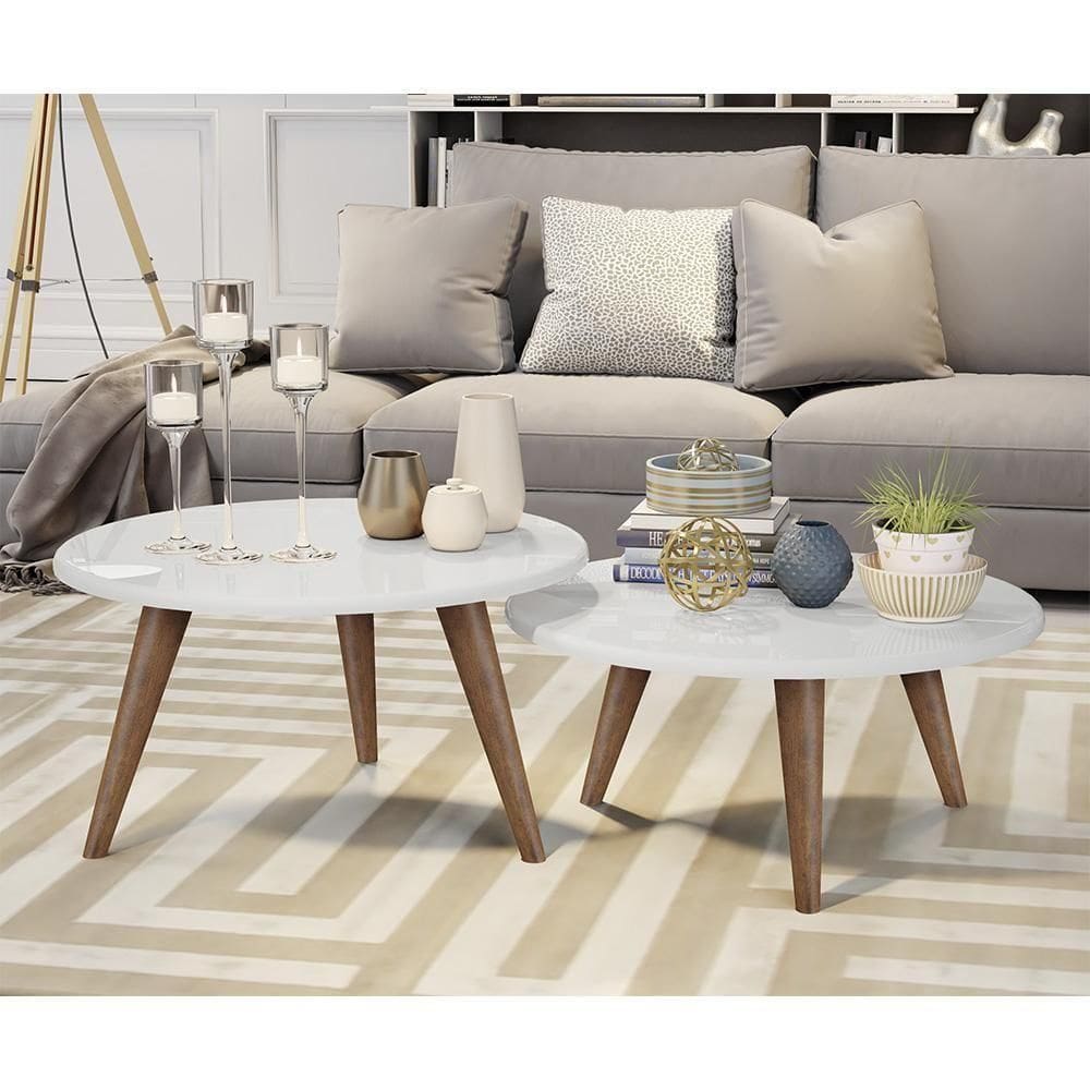 Conjunto Mesa De Centro E Mesa De Apoio Grazi - Pés De Madeira Branco - J3 Móveis
