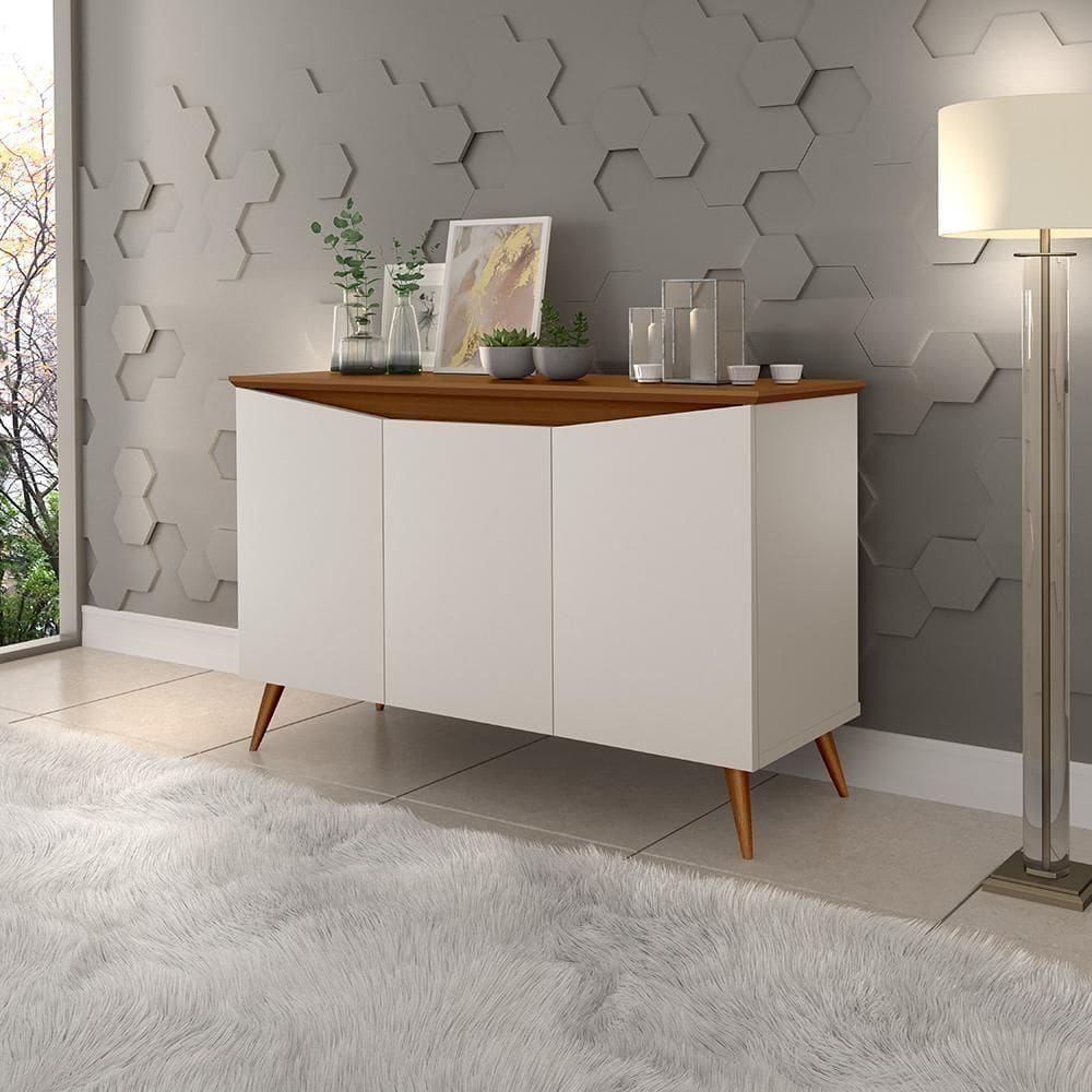 Aparador Buffet 3 Portas Retro Com Pés De Madeira Off White - Freijó
