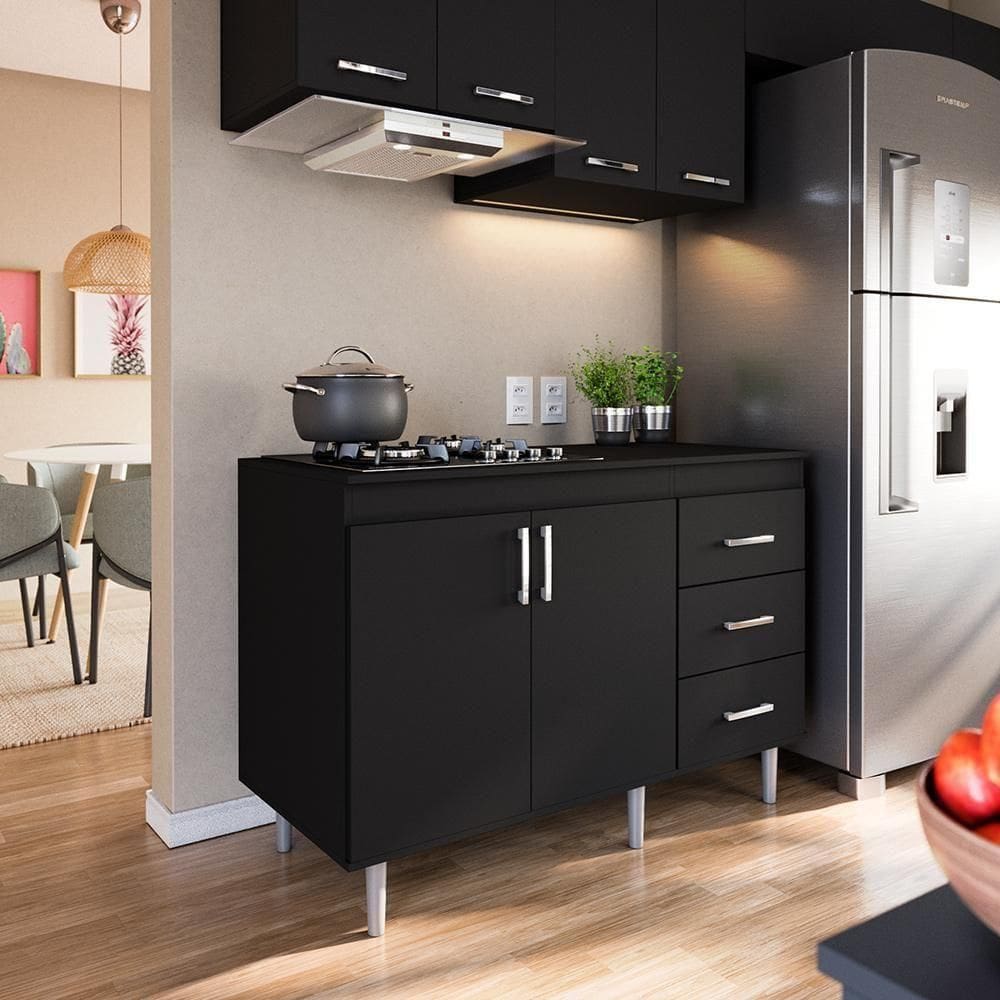 Balcão Em Mdp Para Cooktop 1,20m 5 Bocas 2 Portas E 3 Gavetas Turim Preto Preto