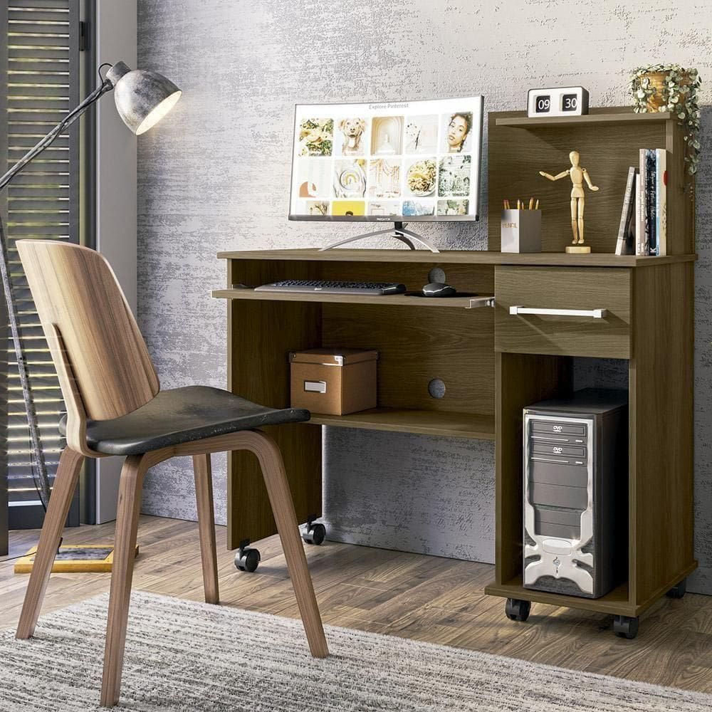 Escrivaninha Office Studio - 1 Gaveta, Prateleiras E Nicho Imbuia - Lukaliam Móveis Imbuia