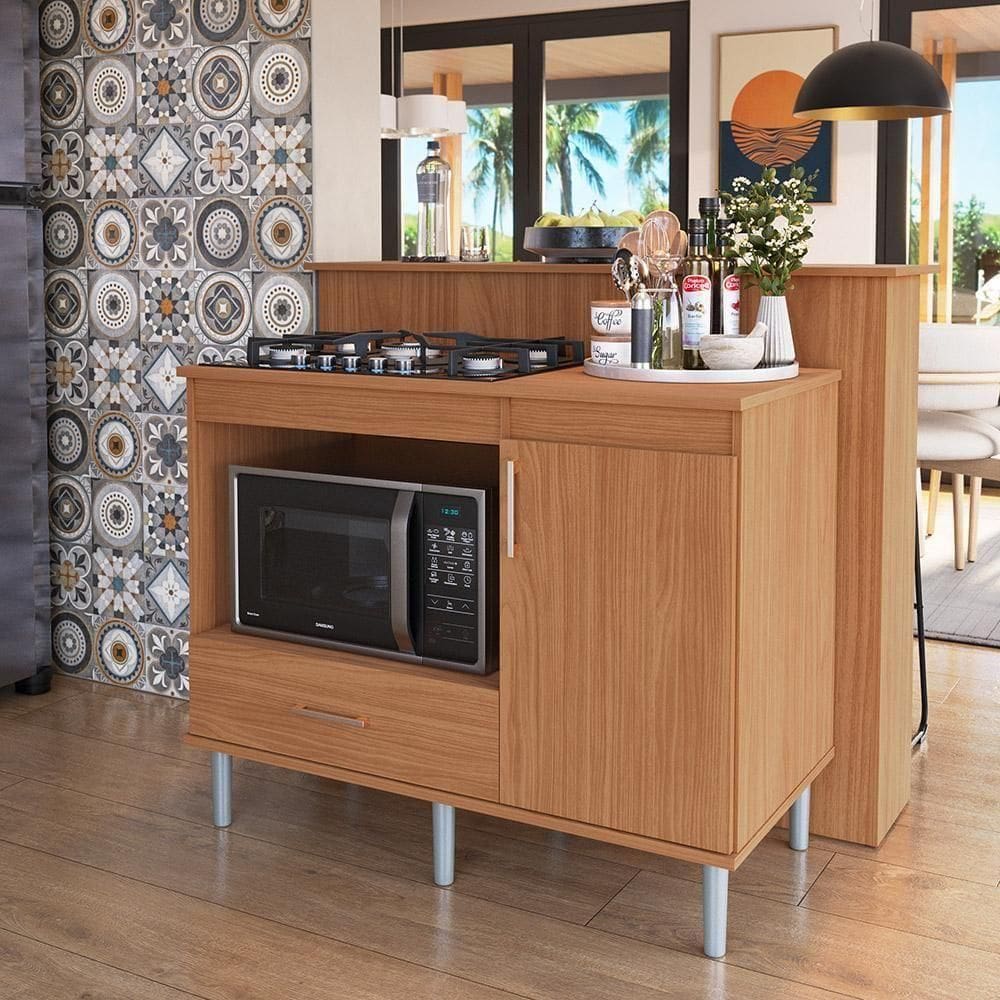Kit Bancada Ilha Para Cozinha + Balcão Para Cooktop 1,05m 5 Bocas Turim Nature Nature