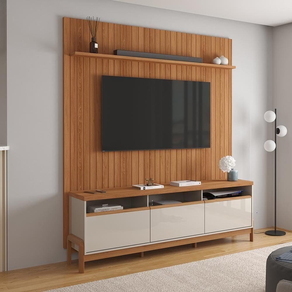 Painel Para Oslo E Rack Elegance - Até 75`` Jequitibá Ripado-off White - Lukaliam Móveis Jequitiba Ripado-off White