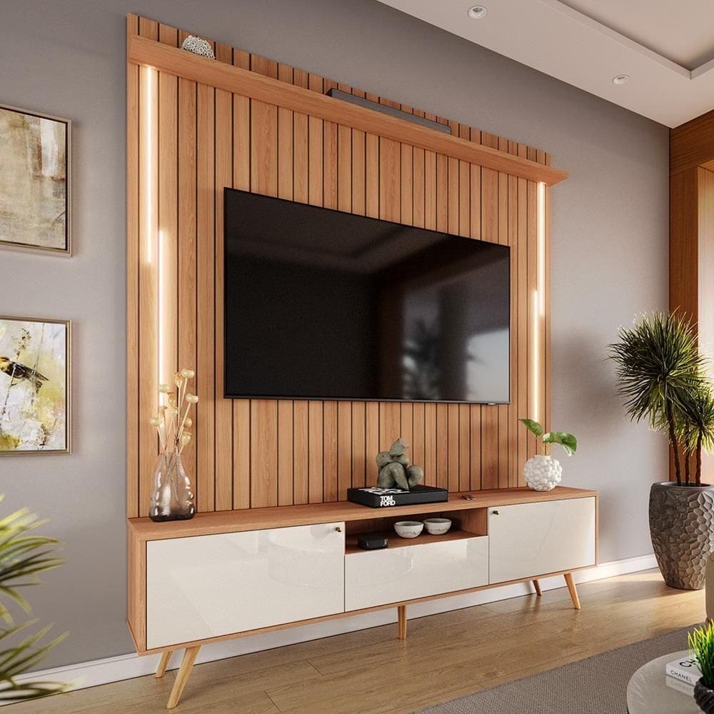 Rack Com Painel Sevilla Led Efeito Ripado 3d Para Até 70 Polegadas 183cm Jequitibá-off White