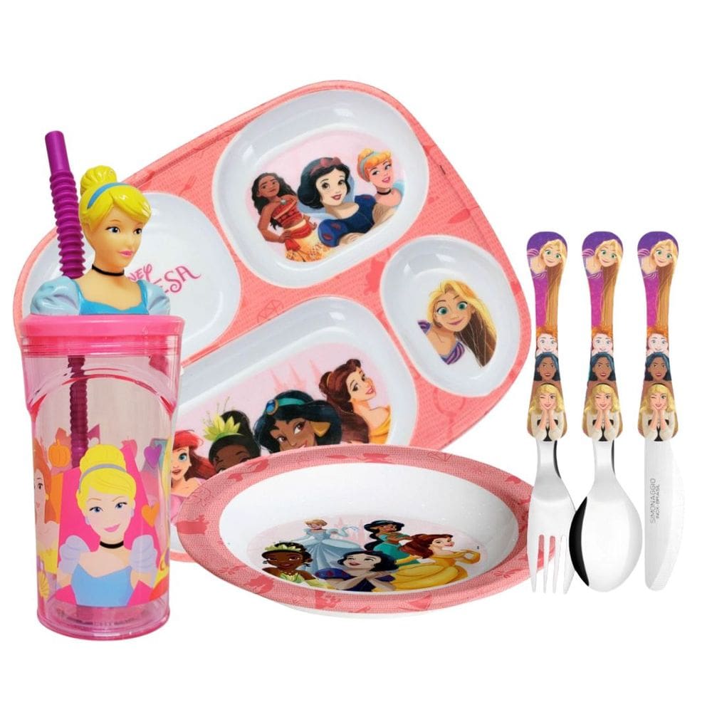 Jogo Refeição Infantil Princesas Disney 6 Peças Prato Divisória, Prato Fundo, Copo e Talheres - Tuut