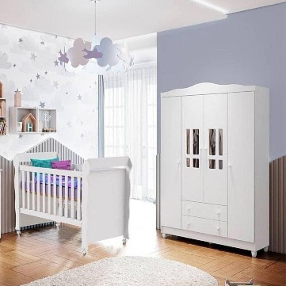 Quarto de Bebê Completo Guarda-roupa 4 Portas e Berço Mirelle Branco
