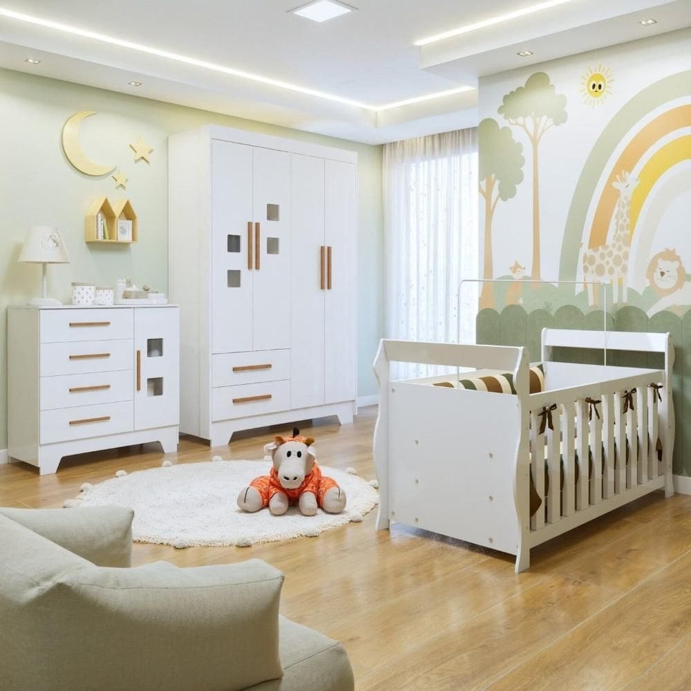 Quarto de Bebê Completo com Guarda-Roupa, Berço e Cômoda Sonho Branco