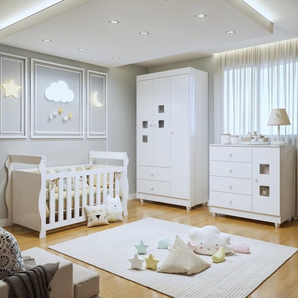 Quarto de Bebê Completo com Guarda-Roupa Berço e Cômoda Bibi Branco