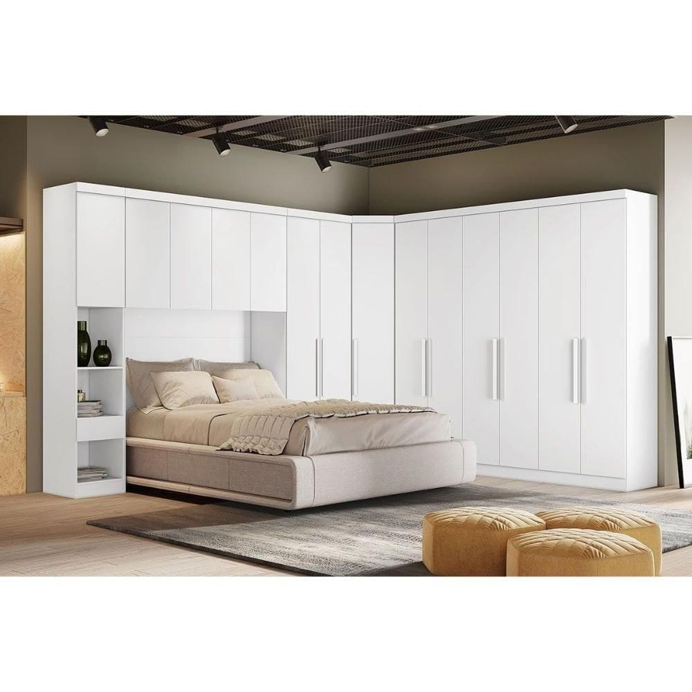 Quarto Modulado Rizon 5 Peças (1 Armário Ponte + 1 Closet + 2 Guarda Roupas + 1 Complemento) Qc204 Neve - Novo Horizonte