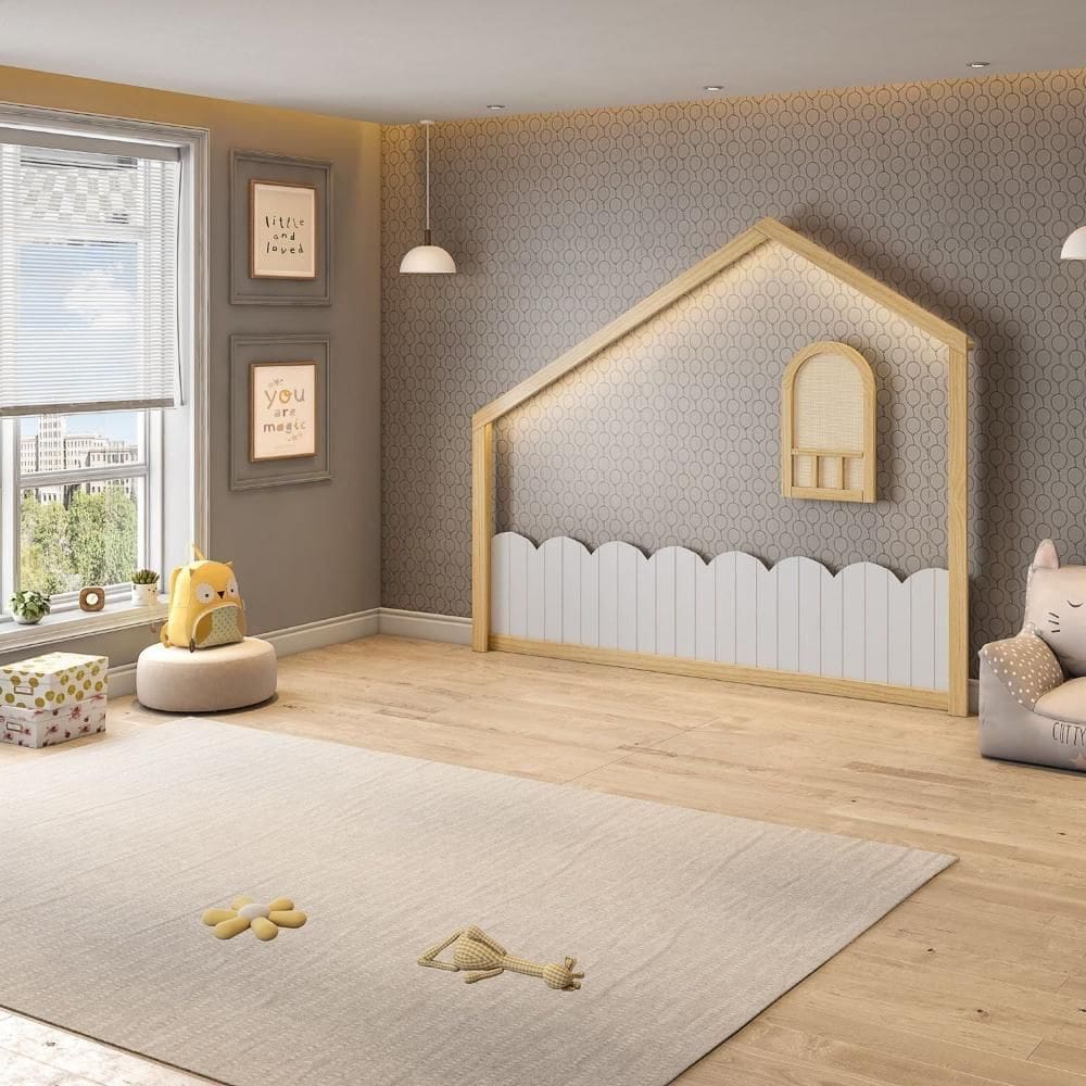 Moldura com Led e Janelinha em Madeira Maciça para Quarto Infantil New Garden Casatema Natural/Branco