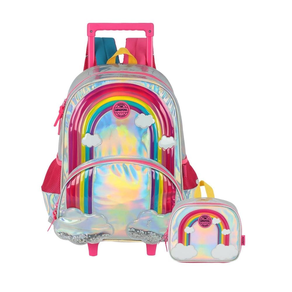 Kit Escolar Arco-Íris Mochila Costas Rodas + Lancheira