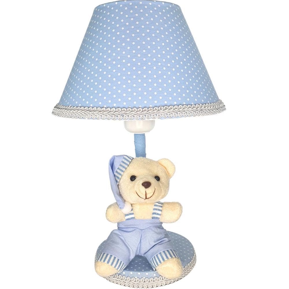 Abajur Infantil De Quarto Bebê Poa Azul Soneca Urso Claro