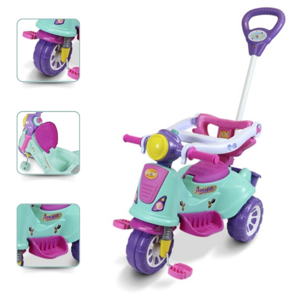 Triciclo Infantil pedal empurrador motoca Rosa Pink Retrô Lilás Avespa