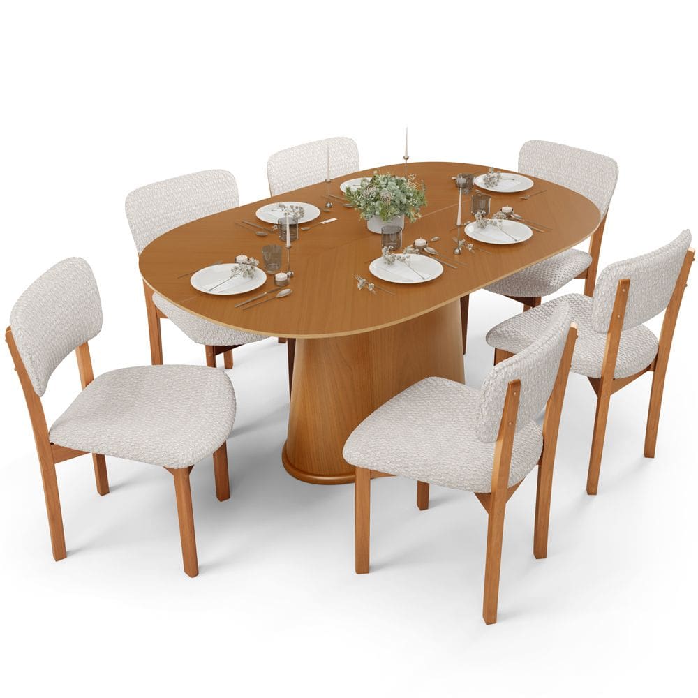 Mesa Para Sala de Jantar Valência com 06 Cadeiras Sala de Jantar Dara L02 Bouclê Cru - Lyam Decor