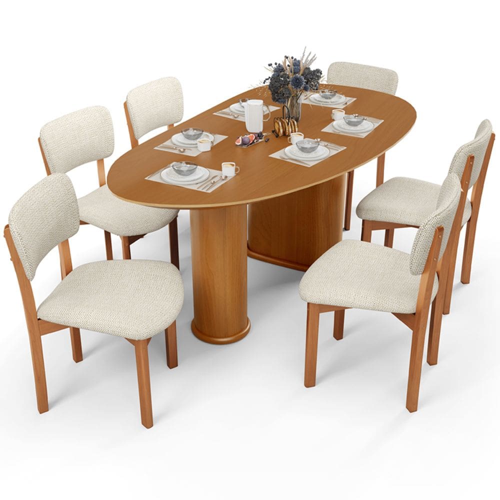 Mesa Para Sala de Jantar Ourense com 06 Cadeiras Sala de Jantar Dara L02 Linho Champagne - Lyam Decor