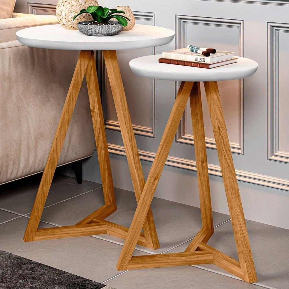 Mesa de Canto Palmas Kit 2 Peças Branco/Natural - Pnr Móveis