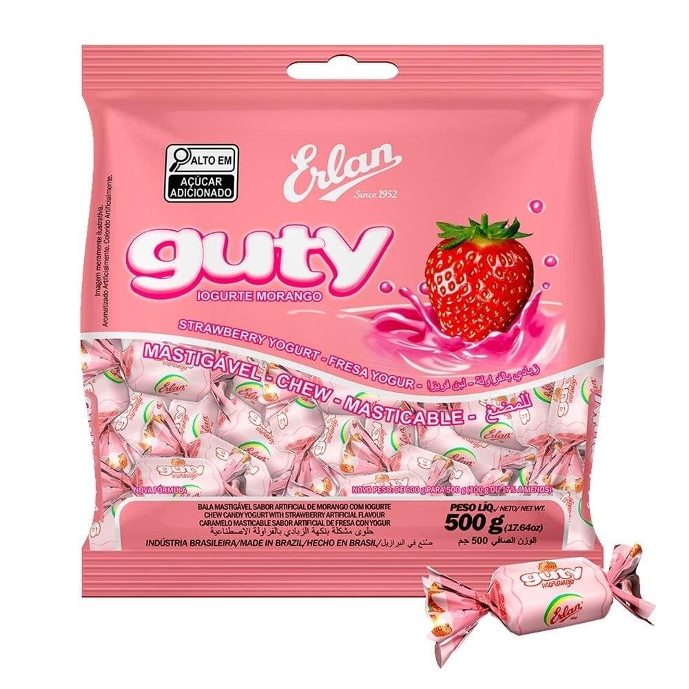 Bala Erlan Mastigável Guty Morango 500g