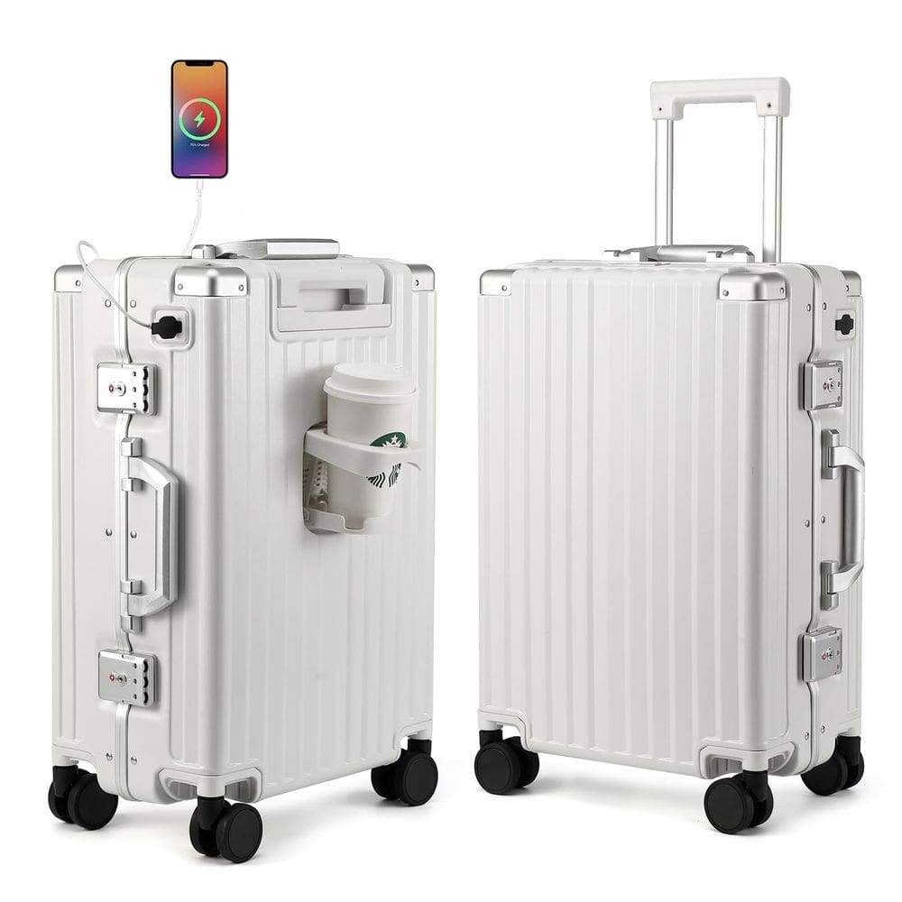 Bagagem MYER Hard Shell Carry On, alumínio de 20 polegadas, branco leitoso