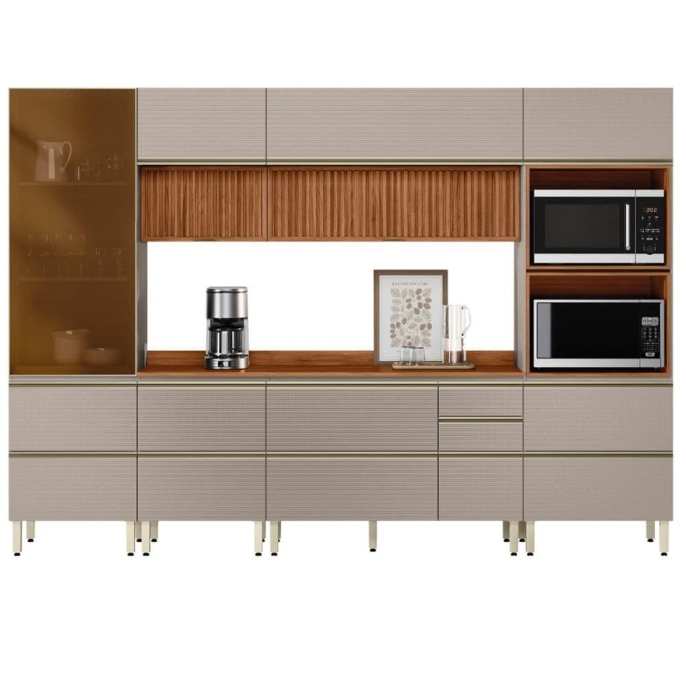 Cozinha Modulada Proença 6 Peças com Cristaleira e Aéreo 120cm Ripado - Demartêz