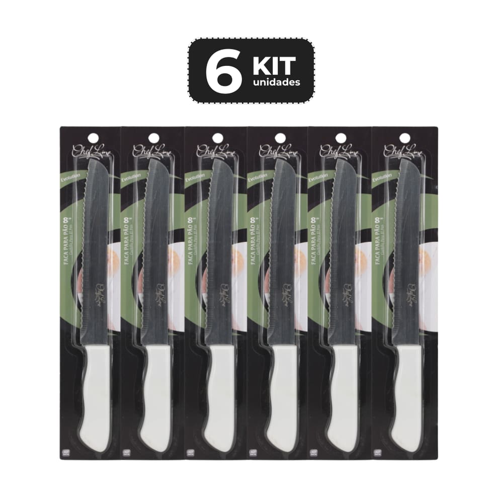 KIT 6 FACA PARA PAO 8” CABO DE POLIPROPILENO BRANCO