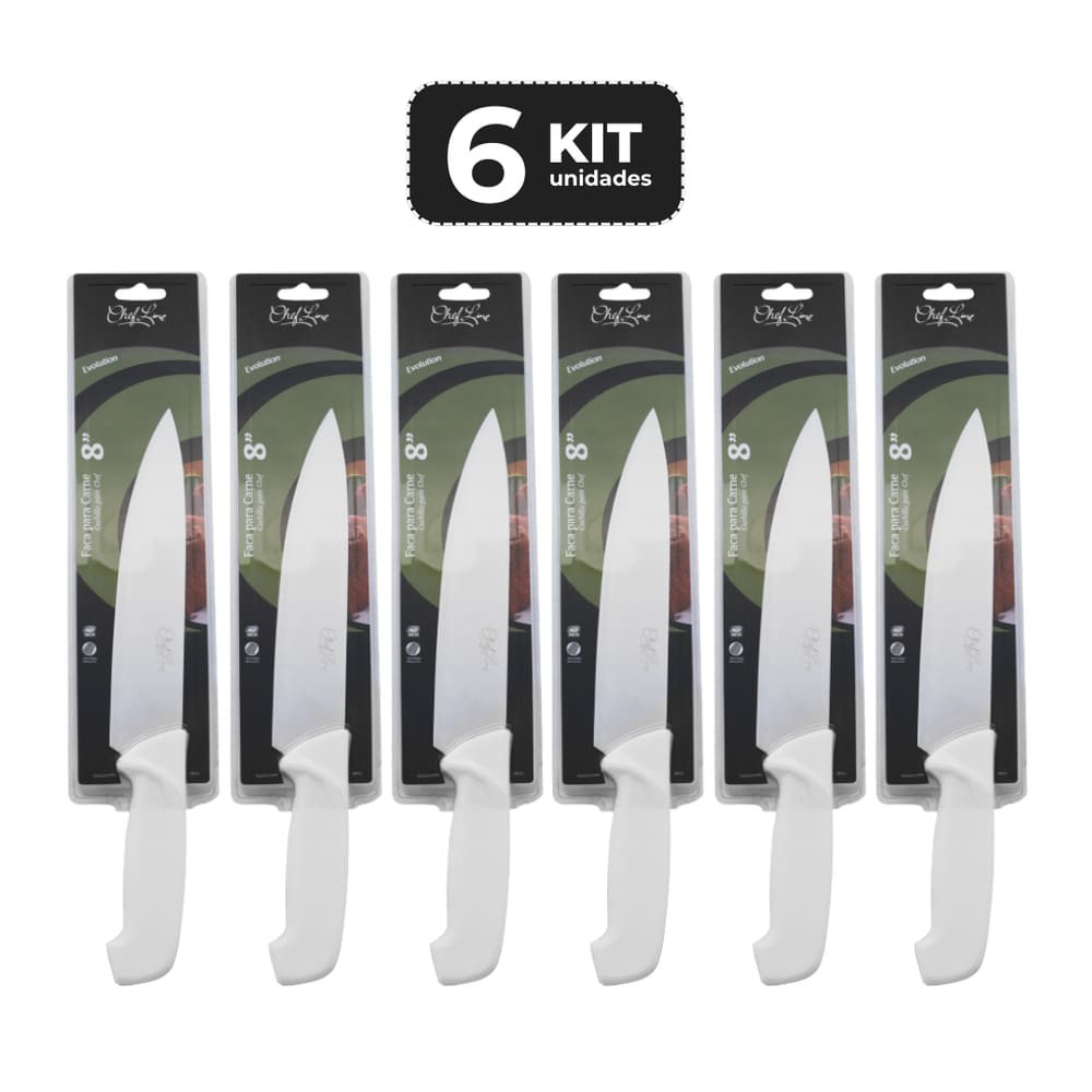 KIT 6 FACA PARA CHEF 8” CABO DE POLIPROPILENO BRANCO