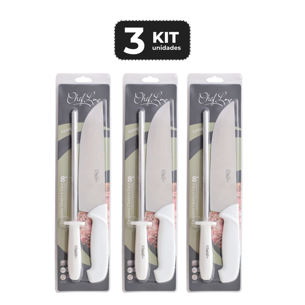 KIT 3 CONJUNTO CHAIRA E FACA 8” - CABO PP BRANCO