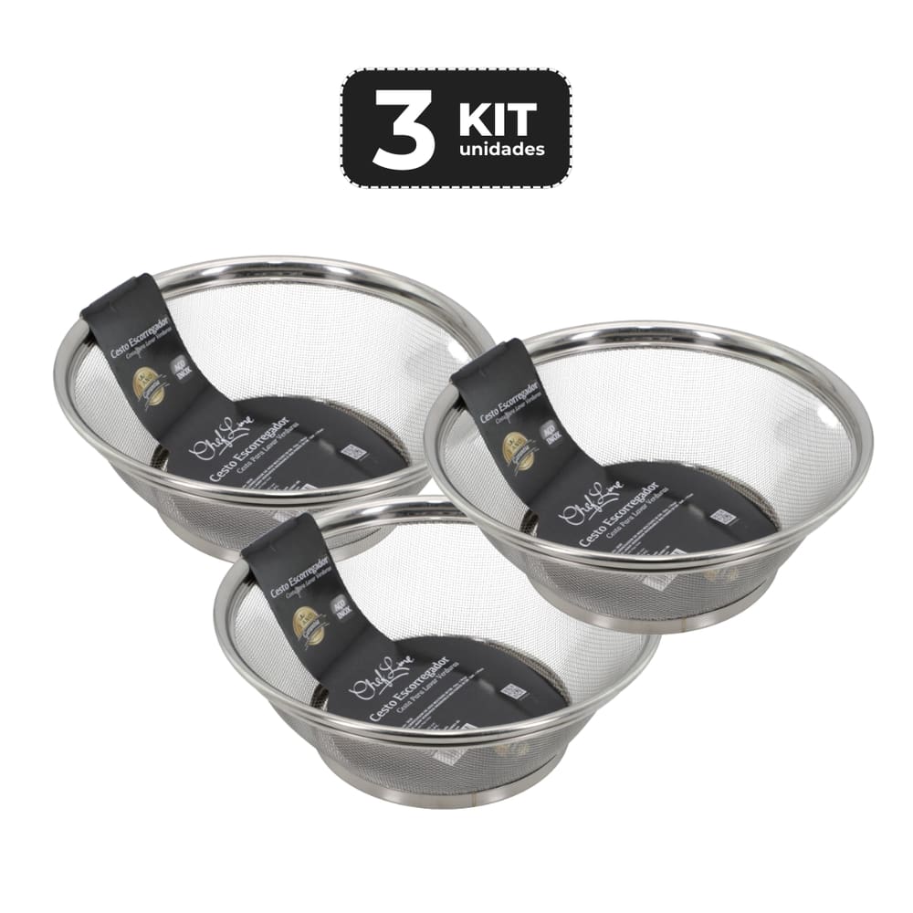 Kit 3 Cesto Escorredor De Inox Multiuso 28 Cm
