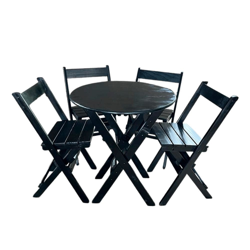 Mesa Madeira 68cm Diametro Dobravel com 4 Cadeiras Bares Preto