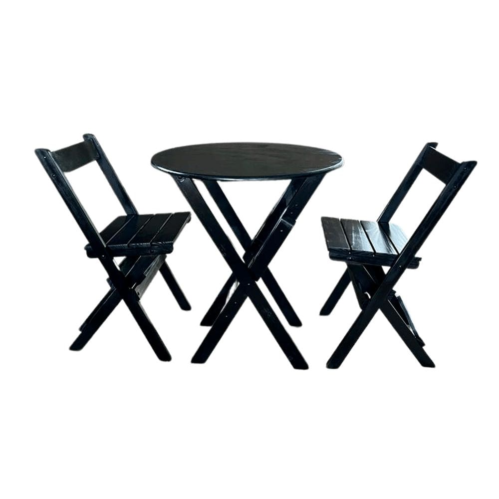 Mesa Redonda Madeira 68cm Diametro Dobravel com 2 Cadeiras Preto / Liso
