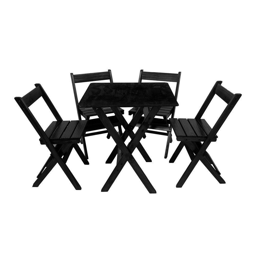 Jogo Conjunto Mesa 60x60 com 4 Cadeiras em Madeira Dobravel Preto / Liso