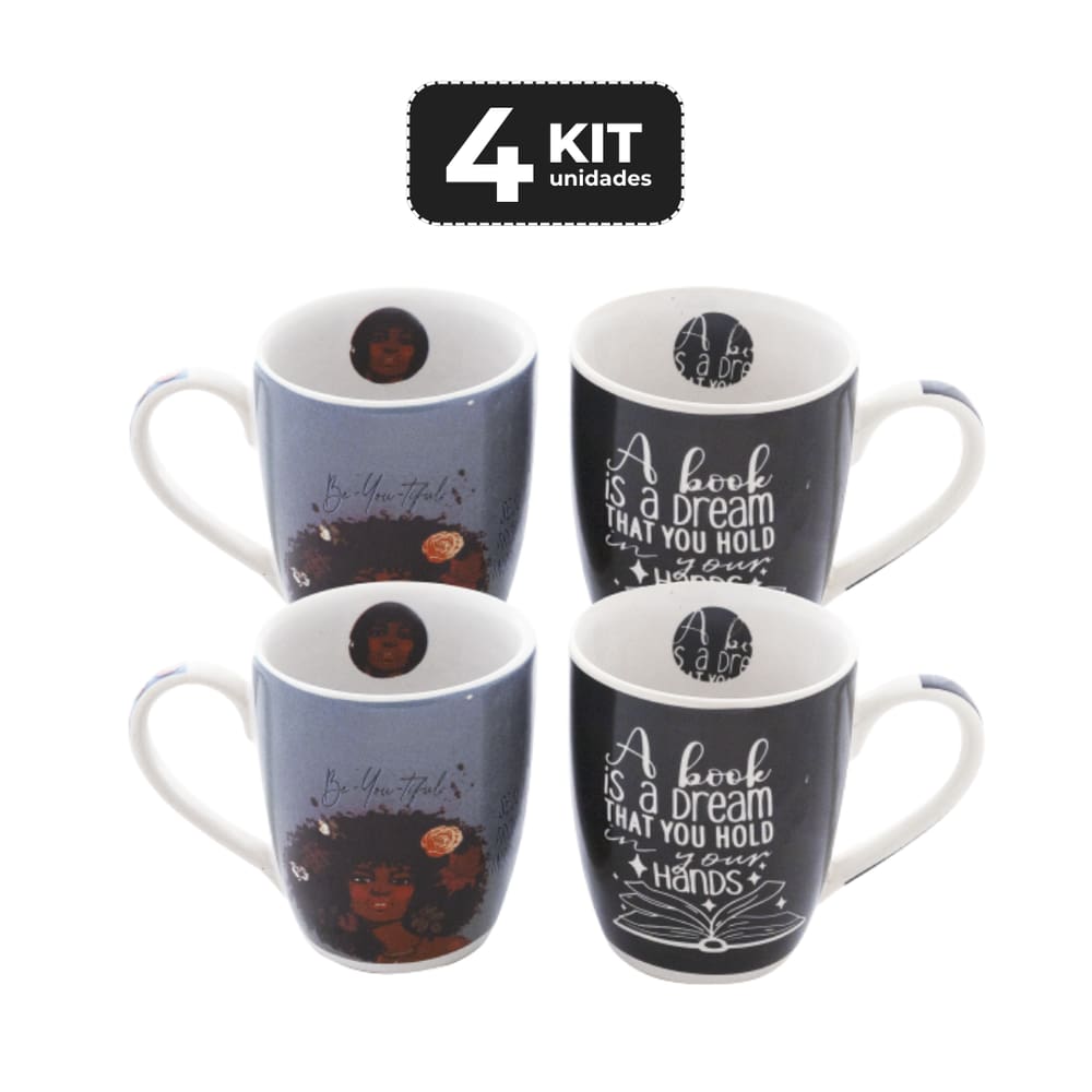 Kit 4 Caneca De Ceramica 330 Ml - Inspiracao Com 2 Mix