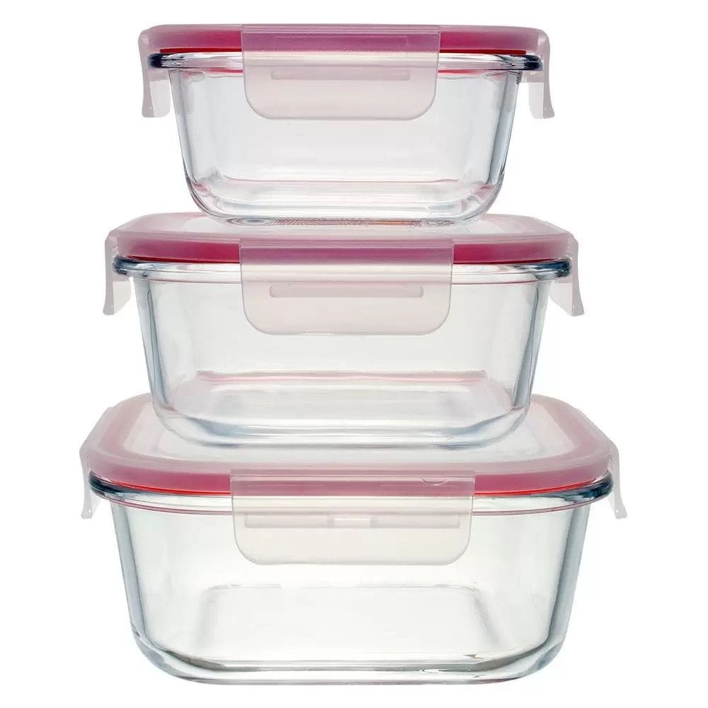 Kit Com 3 Potes Hermeticos Quadrado de Vidro Com Tampa de Travas Ecos