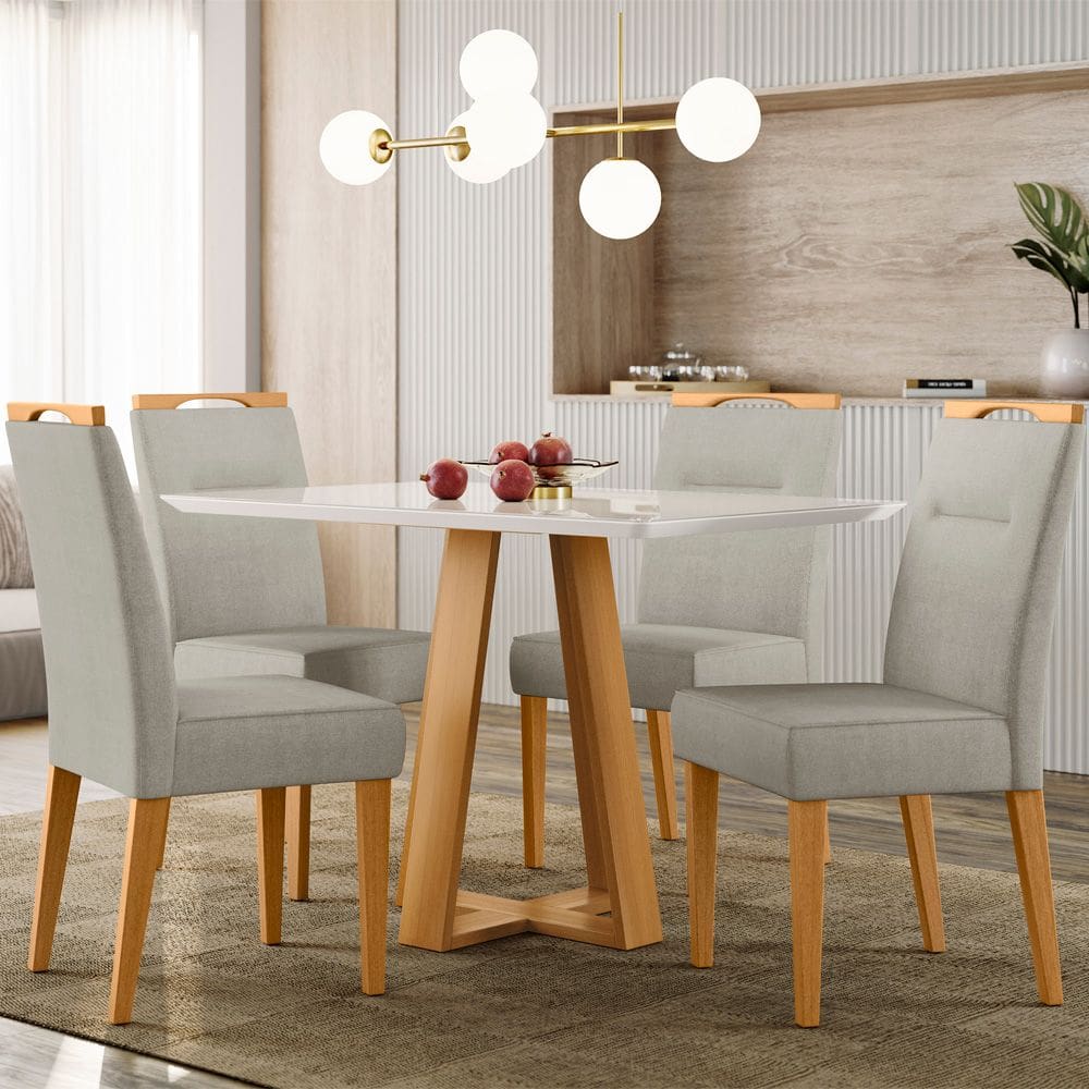 Conjunto Mesa de Jantar 1,20m Lectus Tampo MDF com Vidro e 4 cadeiras Itália Ypê/Off/Ln04 - New Ceval