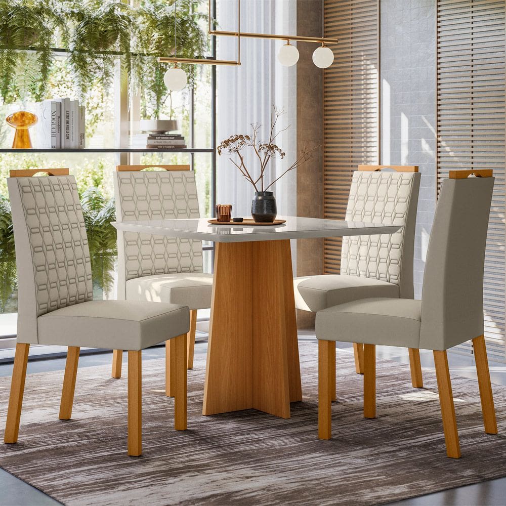 Conjunto Mesa de Jantar 90cm Anitta Tampo em Mdf com Vidro e 4 Cadeiras Mariah Ypê/Off White/Ja01 - New Ceval