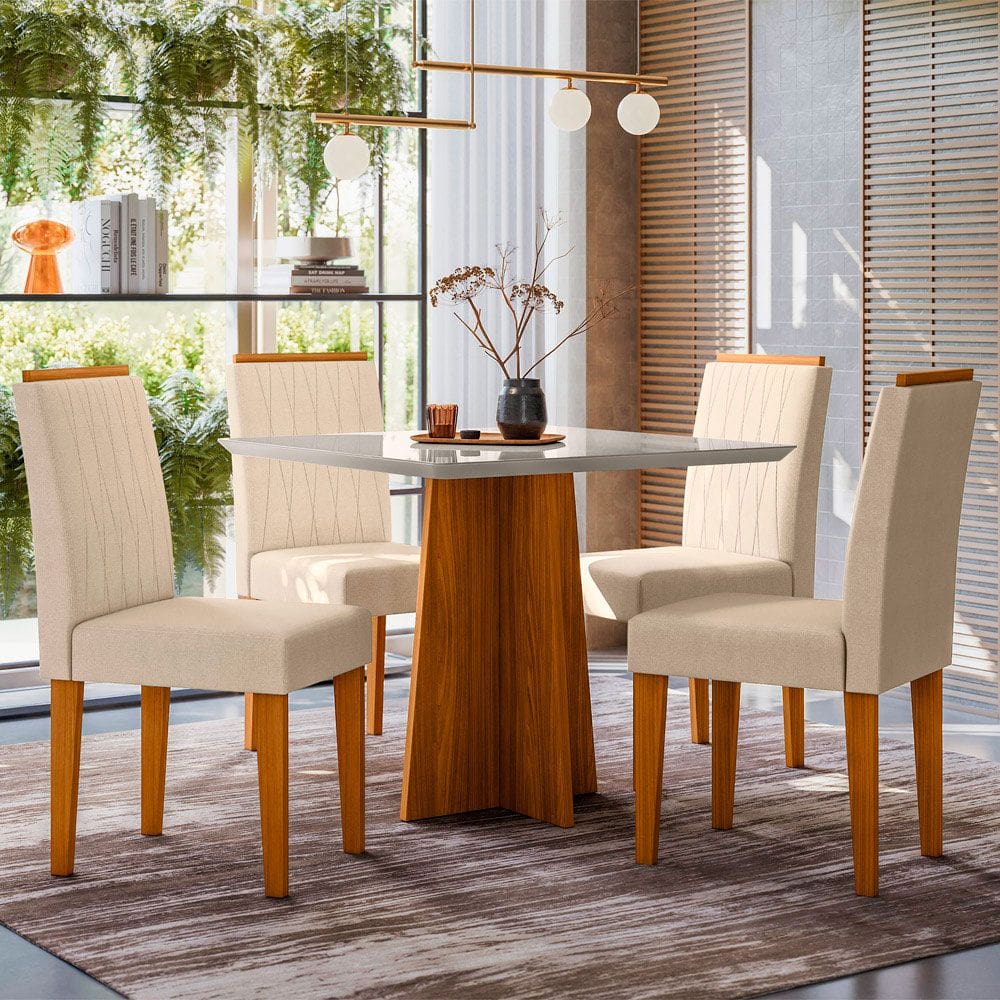 Conjunto Mesa de Jantar 90cm Anitta Tampo Mdf com Vidro e 4 Cadeiras Ana Ypê/Off White/Ln04 - New Ceval