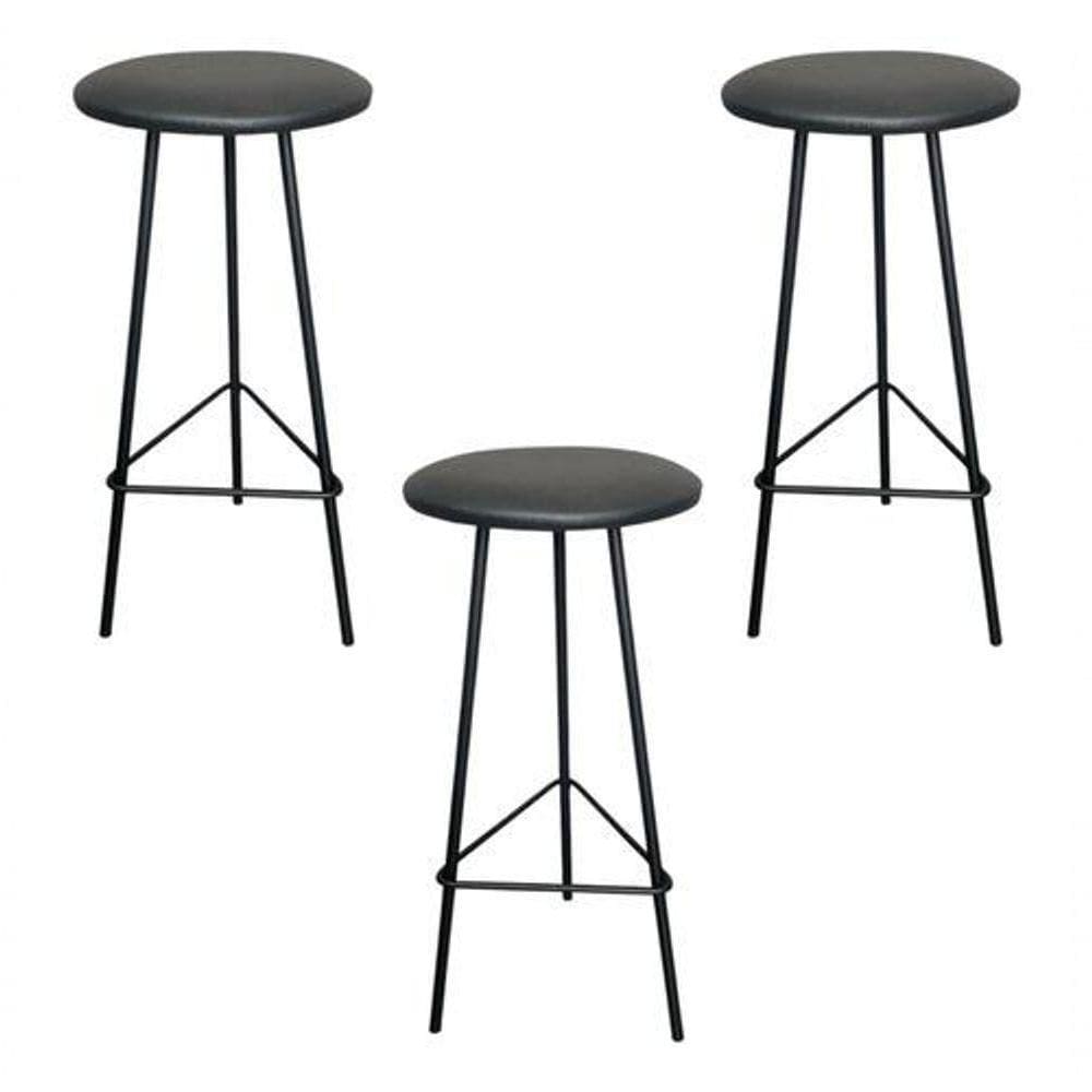 Kit 3 Banquetas Retro Ferro Industrial Assento Madeira 70cm Estofado