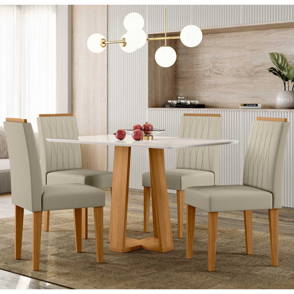 Conjunto Sala de Jantar Mesa Rubi 1,20m com 4 Cadeiras Ana Ypê/Off White/Ja01 - New Ceval