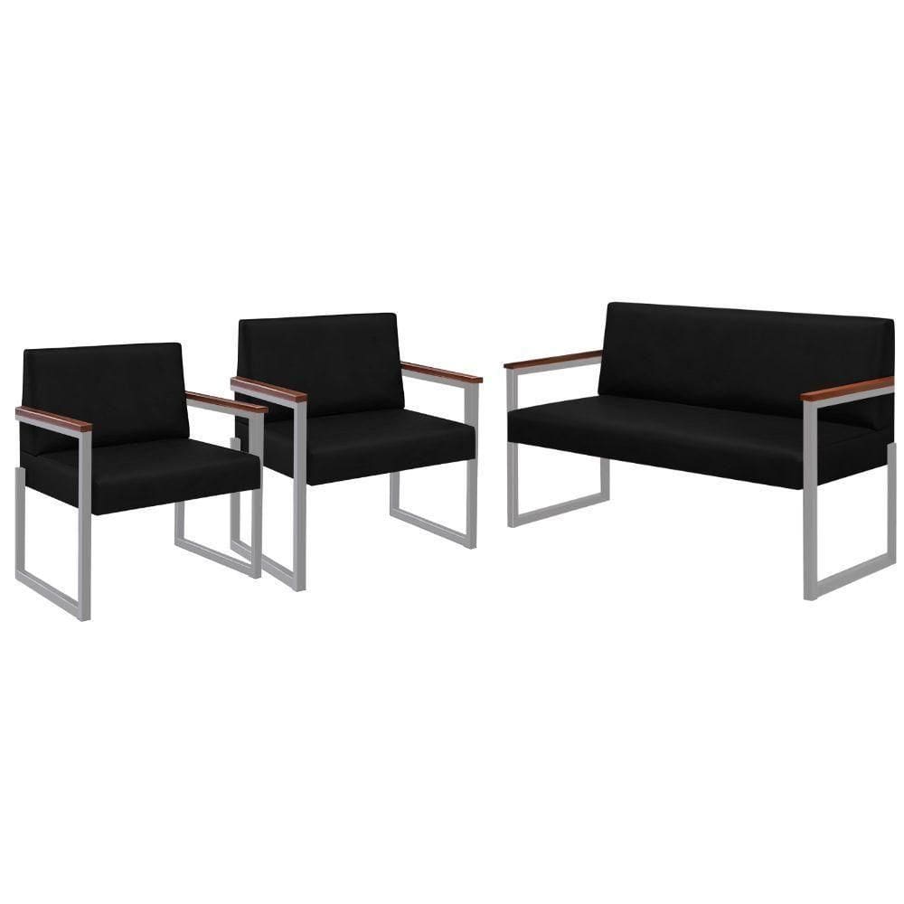 Conjunto Sofá 2 Lugares E 2 Poltronas Niterói Couro Preto Em Metal Champanhe