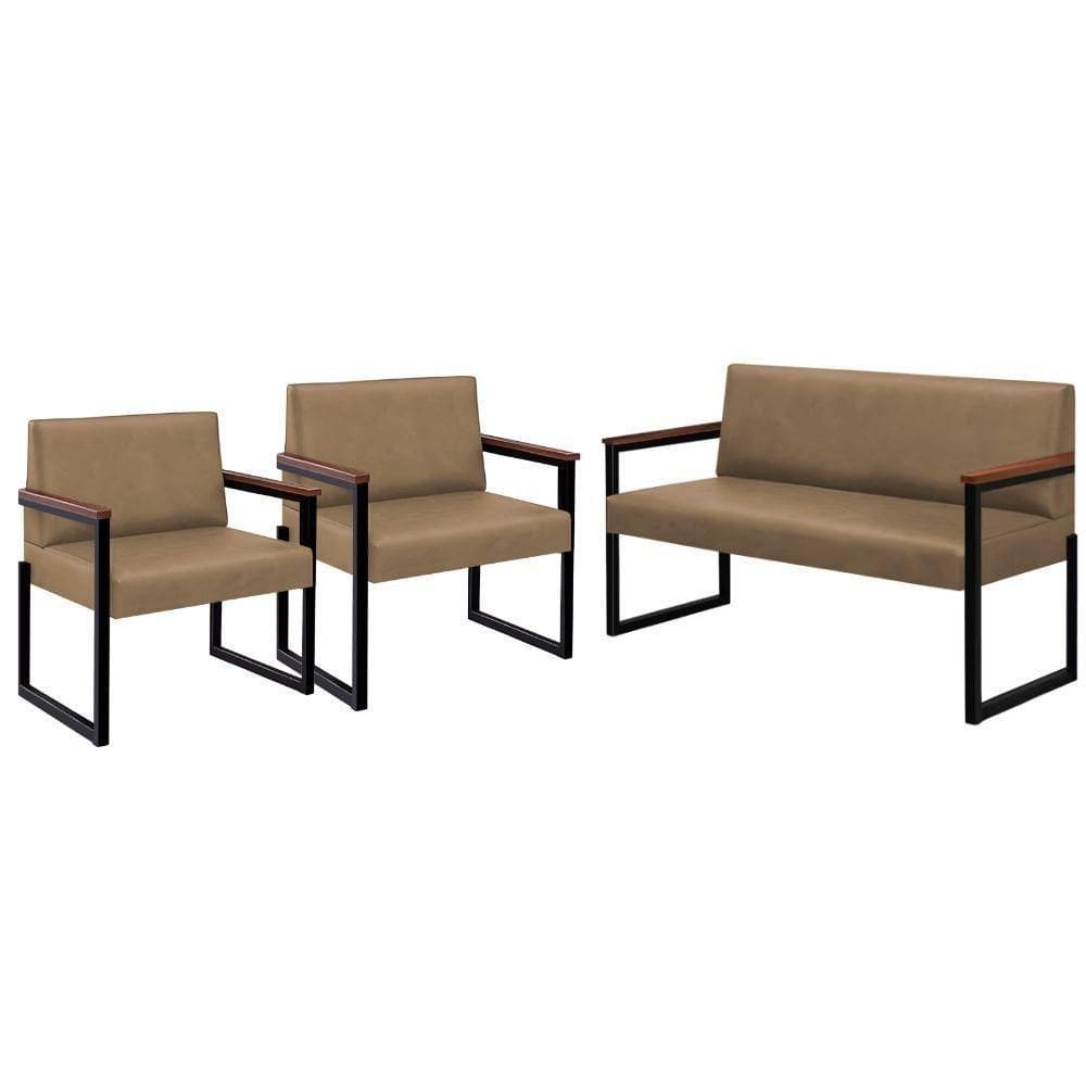 Conjunto Sofá 2 Lugares E 2 Poltronas Niterói Couro Bege Em Metal Preto
