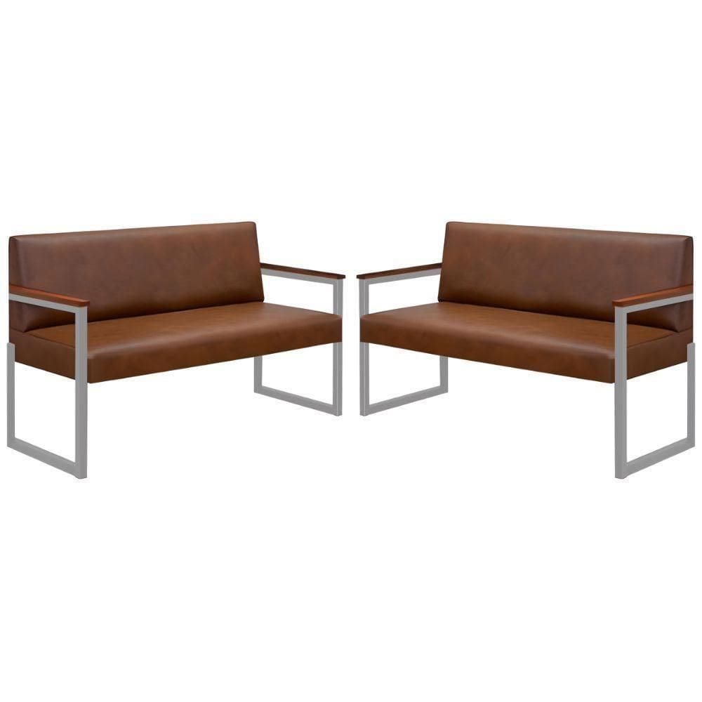 Conjunto 2 Sofás De 2 Lugares Niterói Couro Marrom Em Metal Champanhe