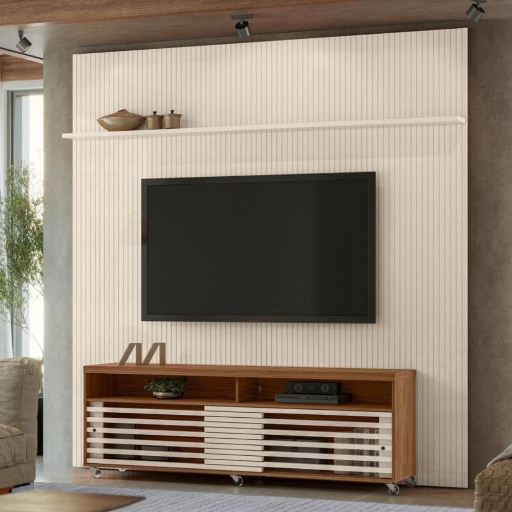 Conjunto Frizz Painel C/ Rack E Rodízios New Prestige Naturale/off-white