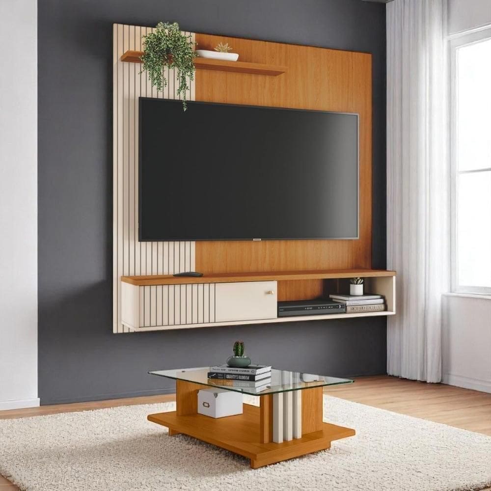 Conjunto Aurora Painel C/ Bancada Suspensa E Mesa De Centro Frizz Cinamomo/off-white