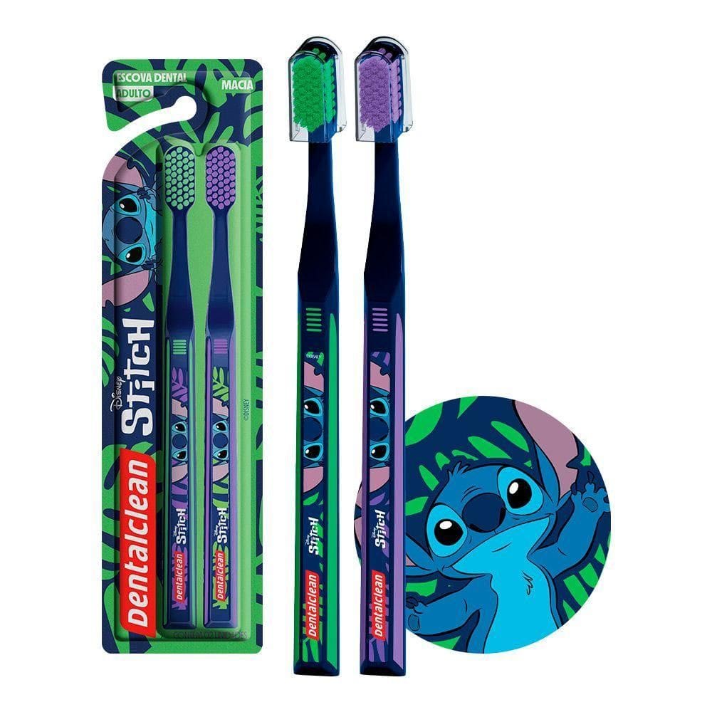 Pack 2 Escovas De Dente Cerdas Macia Lilo E Stitch Adulto Soft Azul Roxo Dentalclean