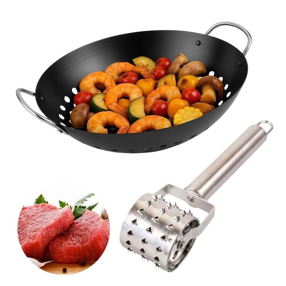 Kit Panela Wok e Rolo Amassiador Frutos do Mar Carnes Grelha