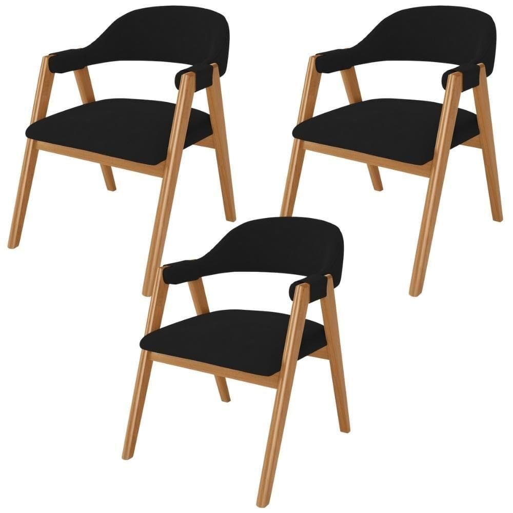 Kit 03 Cadeiras De Jantar E Estar Living Estofada Nadja L02 Suede Preto - Lyam Decor