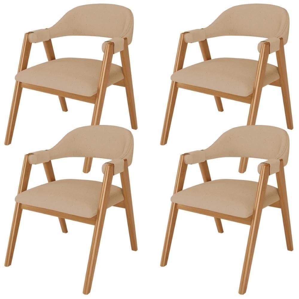 Kit 04 Cadeiras De Jantar E Estar Living Estofada Nadja L02 Linho Bege Escuro - Lyam Decor