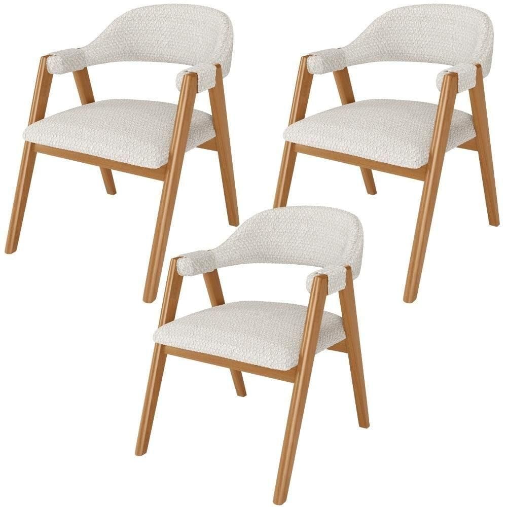 Kit 03 Cadeiras De Jantar E Estar Living Estofada Nadja L02 Bouclê Cru - Lyam Decor
