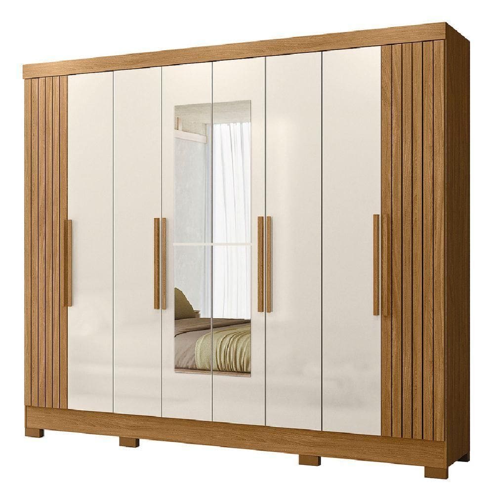 Guarda Roupas Casal Com Espelho Ripado 8 Portas 4 Gavetas Diamante Moval Madeir/off